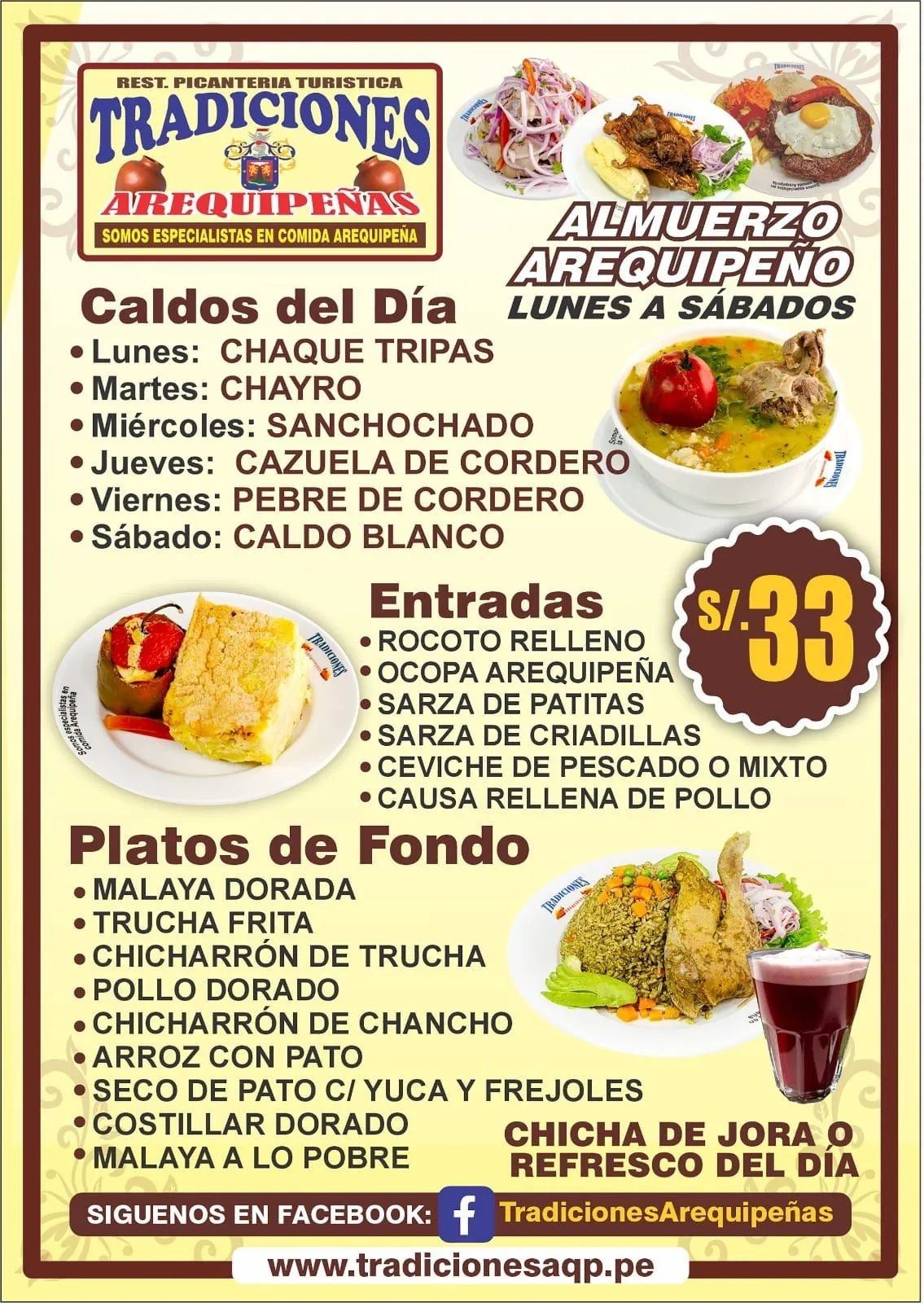 Carta Tradiciones Arequipeñas: almuerzo arequipeño de lunes a sábado, caldos del día, entradas y platos de fondo