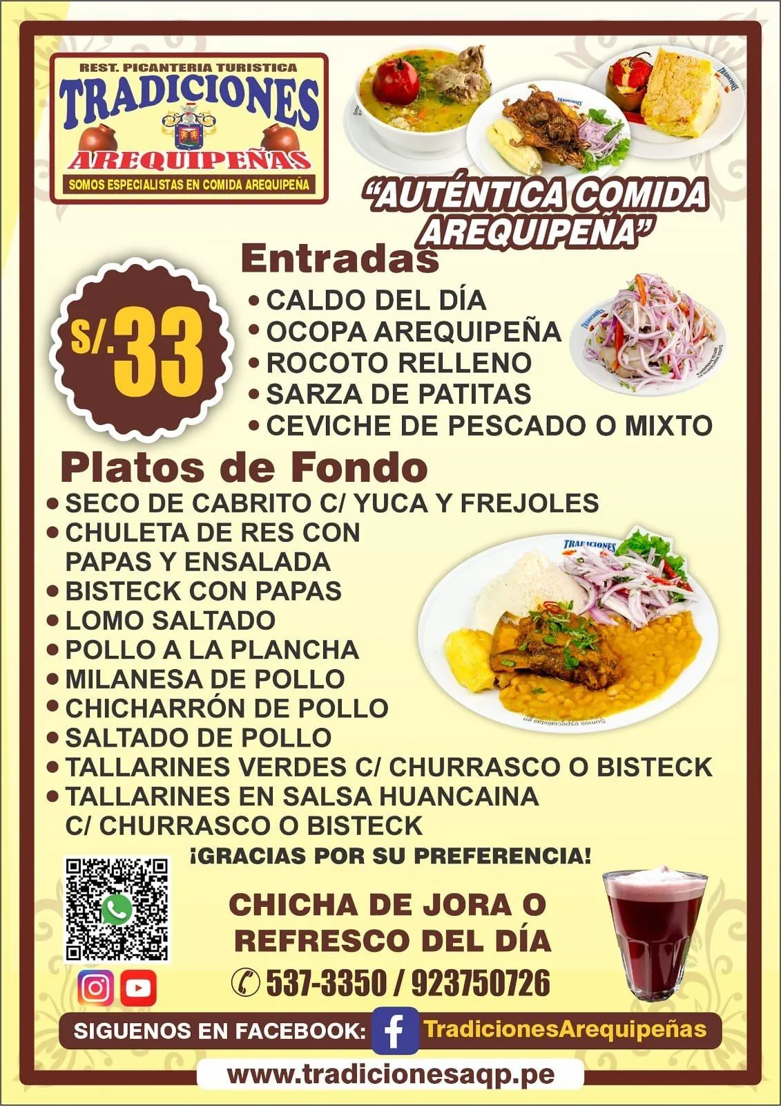 Carta Tradiciones Arequipeñas: segunda hoja del menú