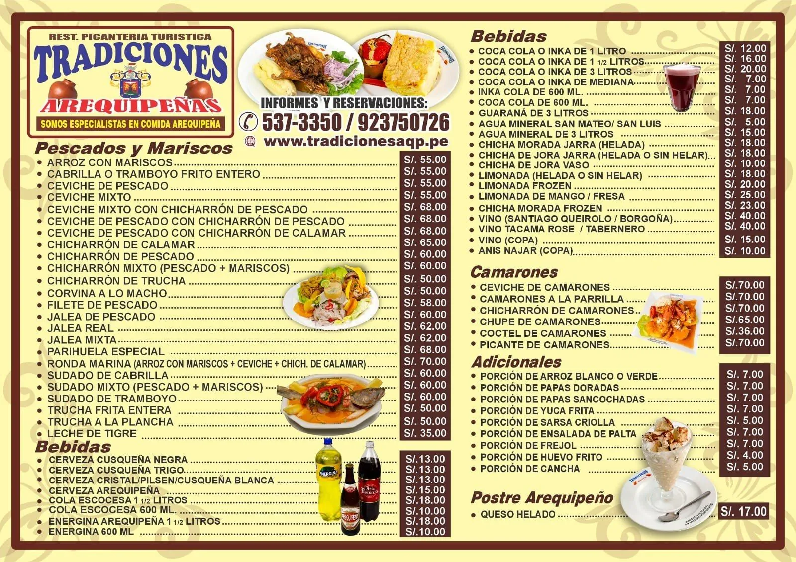Carta general: pescados y mariscos, bebidas, camarones, adicionales y postre arequipeño