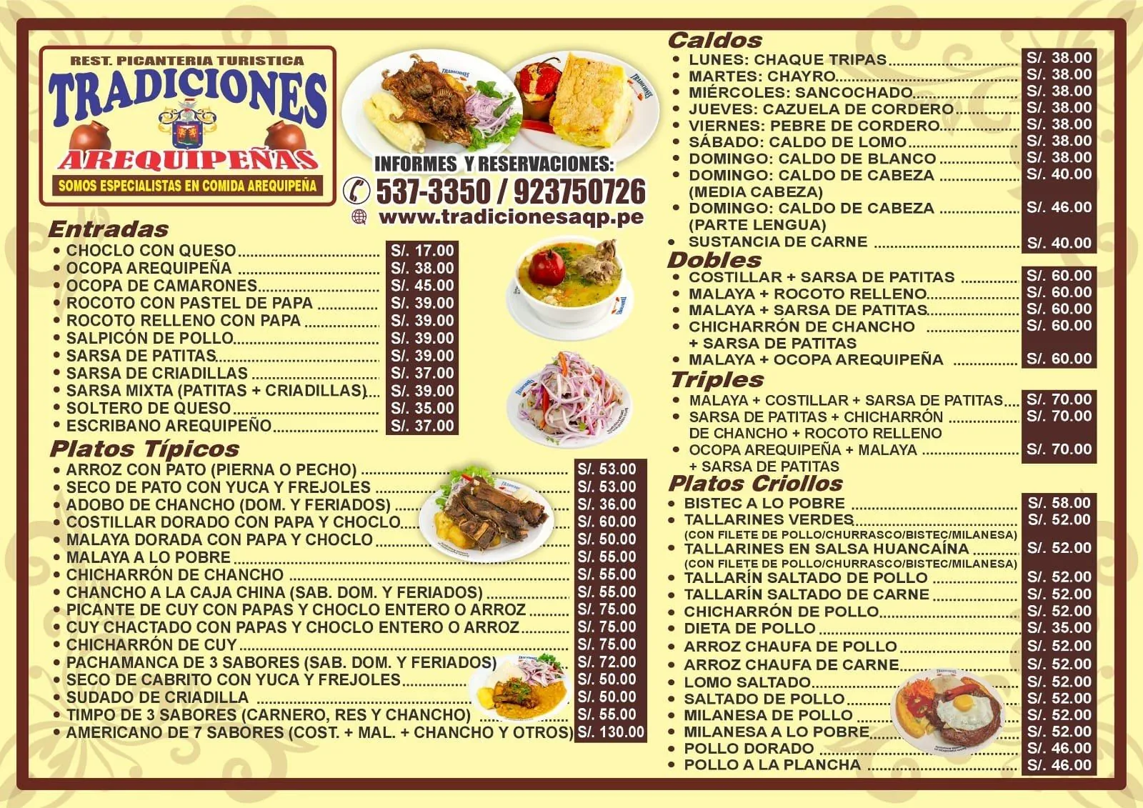Carta Tradiciones Arequipeñas: cuarta hoja del menú